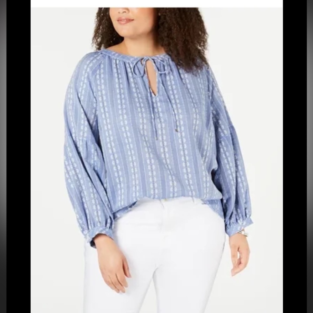 *Tommy Hilfiger Blue Chambray Embroidered Floral Long Sleeve Peasant Blouse #LB